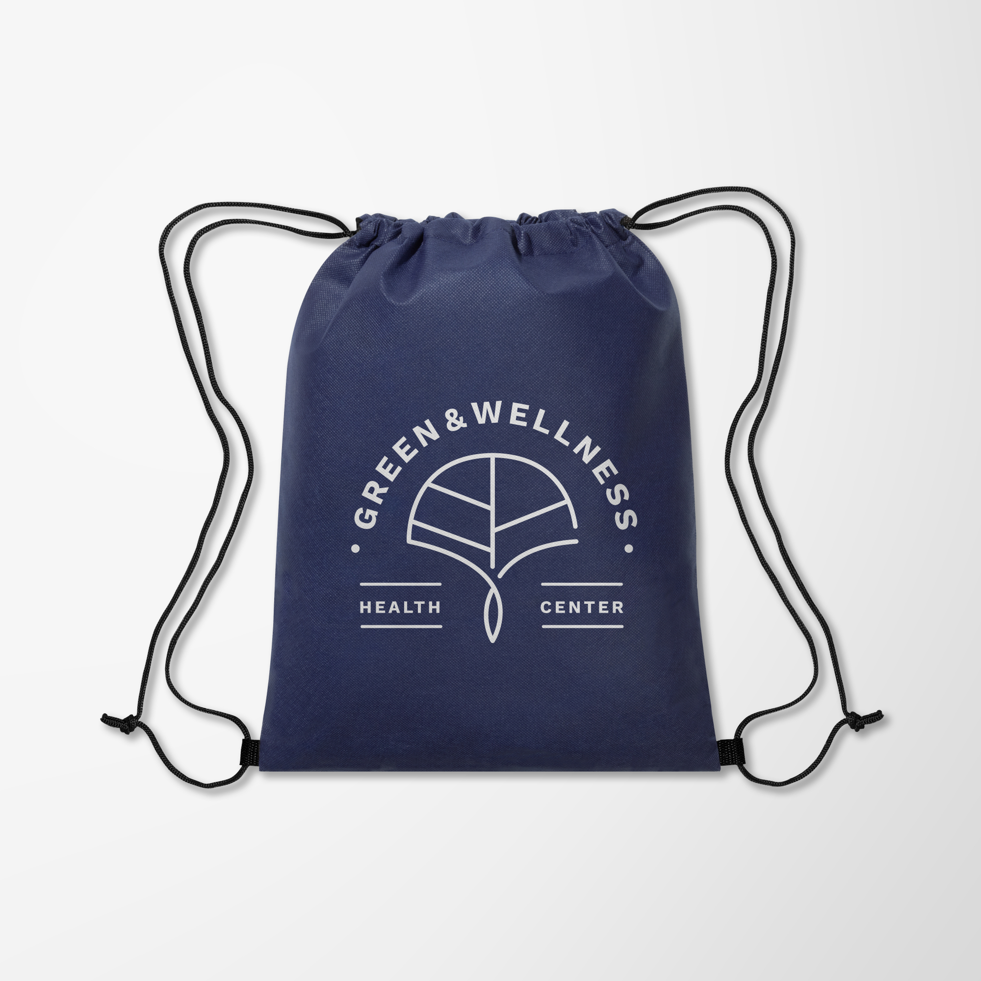 Black promotional drawstring bag with large gray print.