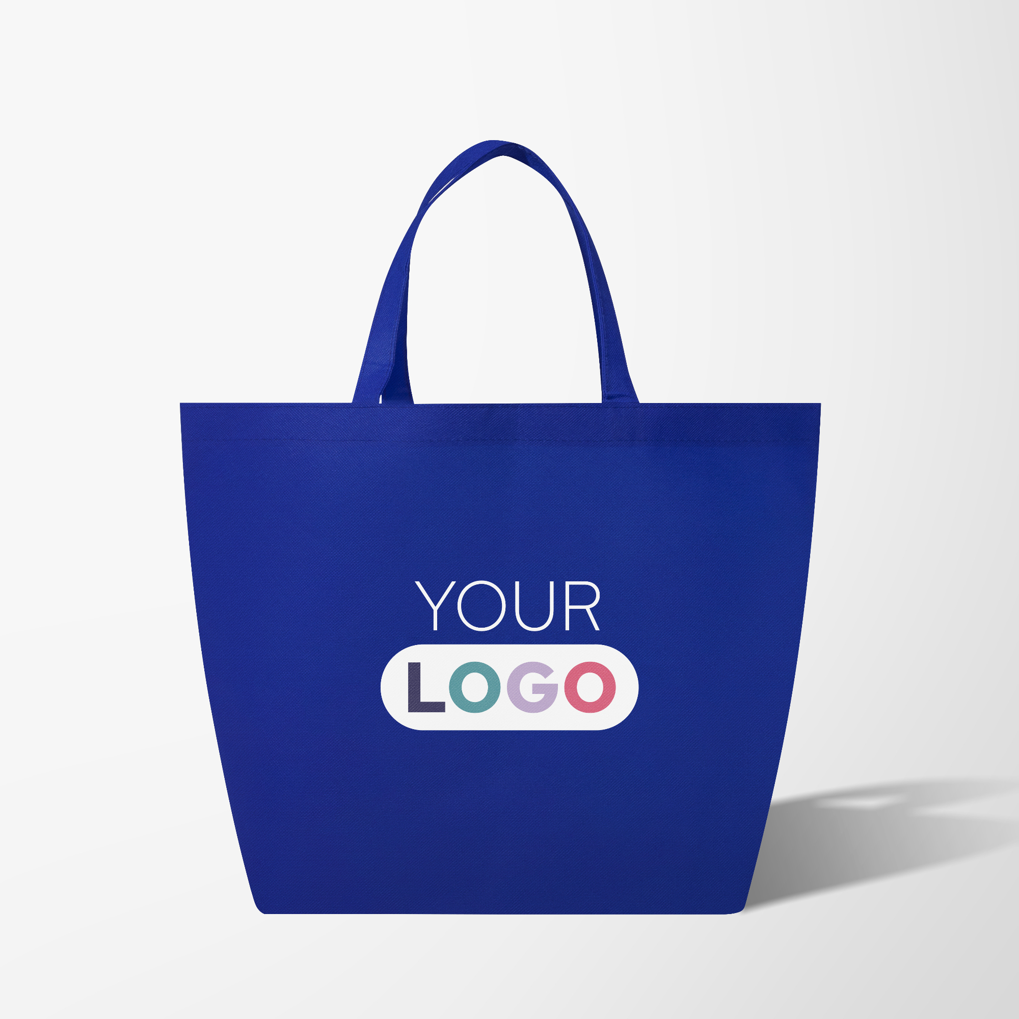 Red promotional tote bag and silver handles on display with promotional logo.