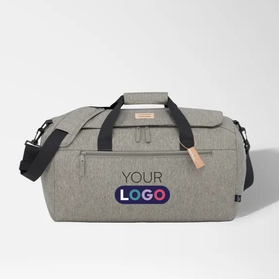 Large tan promotional duffel bag with white logo on display.