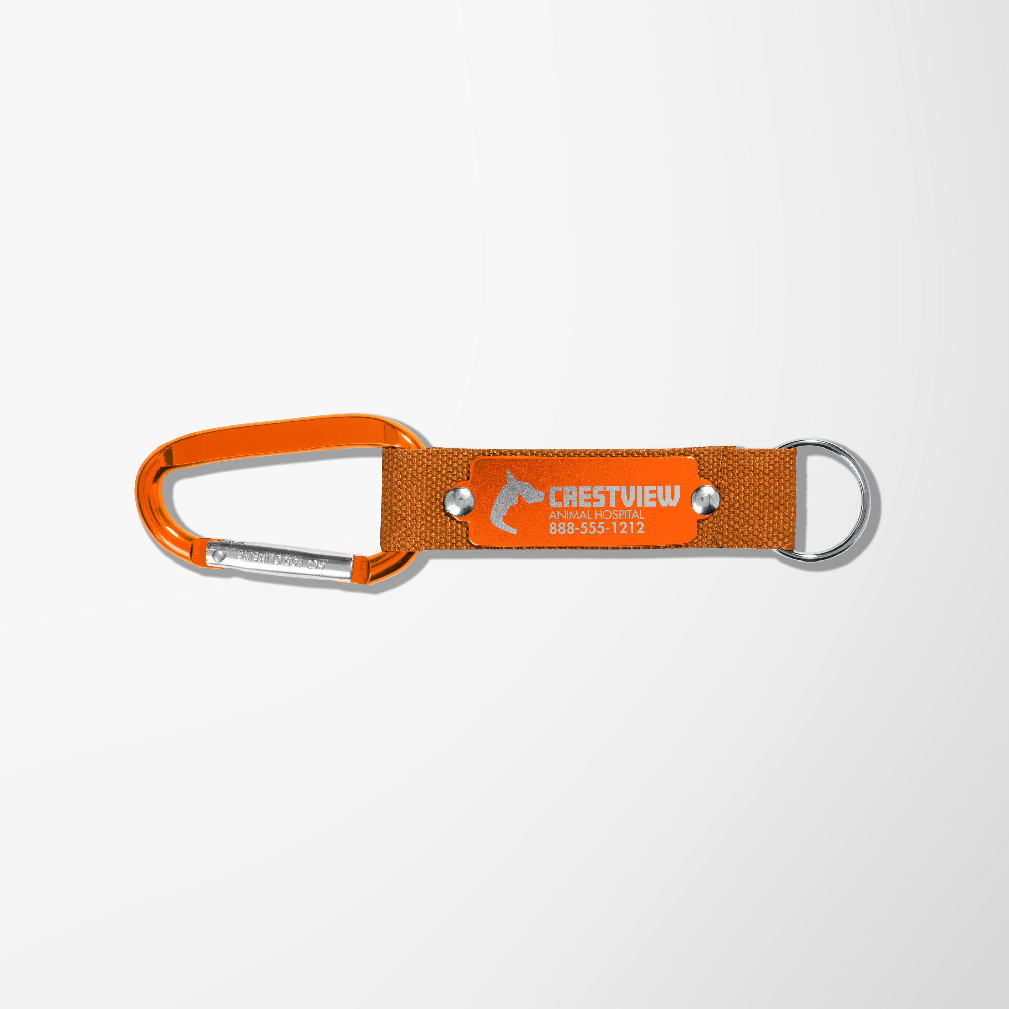 A purple carabiner keychain on display available for customization.