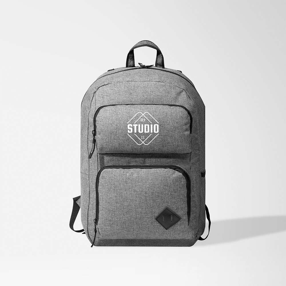 Black branded backpack with white stripe and white logo print.