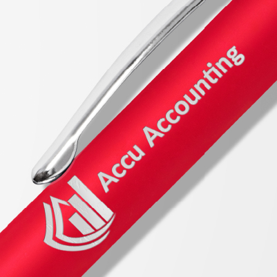 Red pen engraved with a logo for an accounting firm.